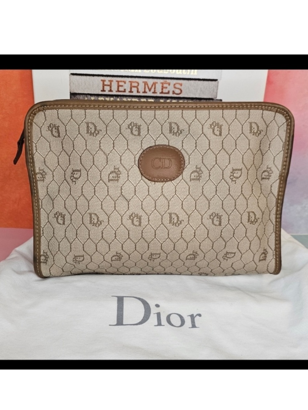 🐝Dior Honeycomb Coated Canvas Zip Vintage Clutch w/ Dustbag ✨